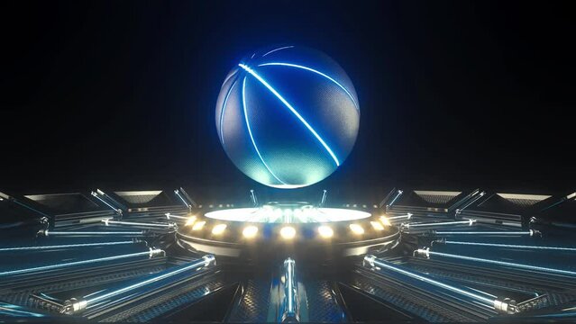 A futuristic sports concept of a basketball ball lit with neon markings floating and rotating seamlessly above a futuristic neon stage