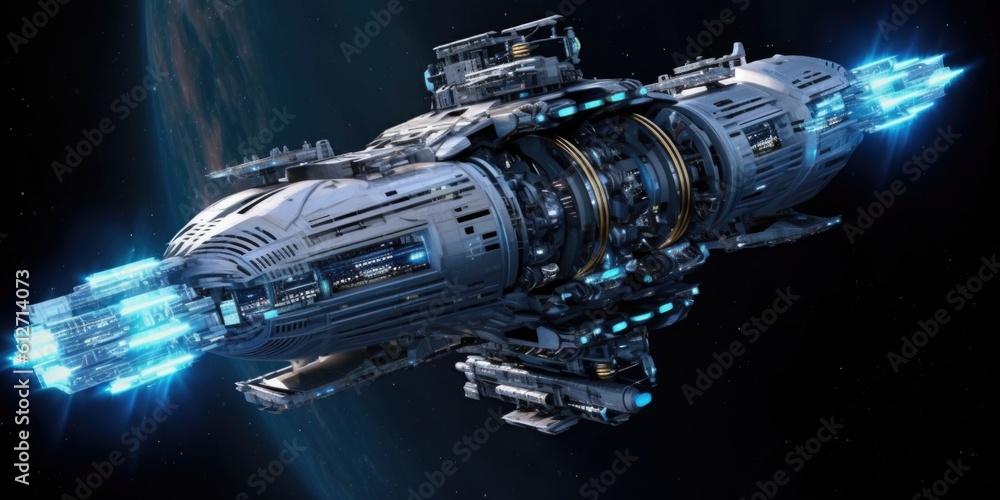 Poster the advanced and futuristic exploratory science carrier spaceship. generative ai aig27.