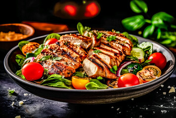 grilled chicken salad with tomatoes and herbs, generative ai