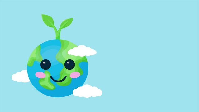 Animation cute cartoon earth character with plant concept of earth day and go green day