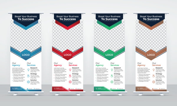 Colorful business roll up banner stand template for advertising and promotional purposes, modern corporate layout design using abstract shapes, 4 sets of vertical roll up banner stand.