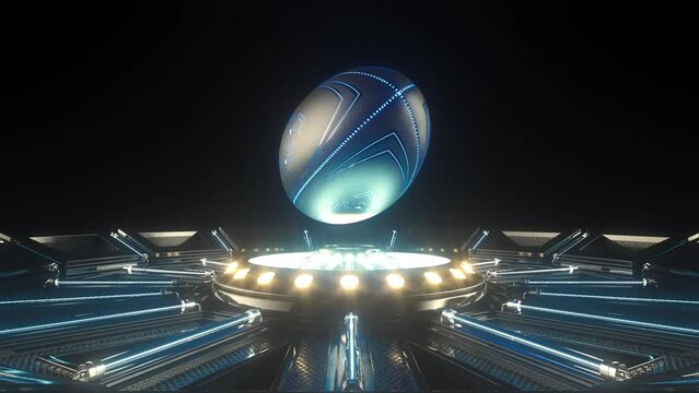 A futuristic sports concept of a aussie rules ball lit with neon markings floating and rotating seamlessly above a futuristic neon stage