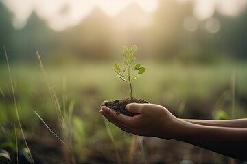 Hands holding a plant in green environment