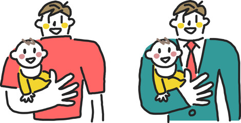 Naklejka premium 幼い赤ちゃんを抱っこした普段着姿とスーツ姿の若い父親 育メン セット イラスト素材 