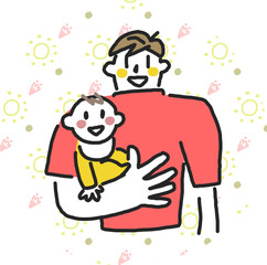 幼い赤ちゃんを抱っこした若い父親　育メン　イラスト素材
