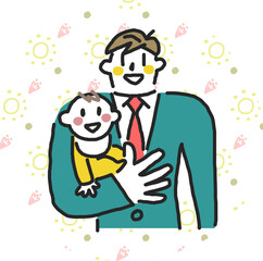 幼い赤ちゃんを抱っこしたスーツを着た若い父親　育メン　イラスト素材
