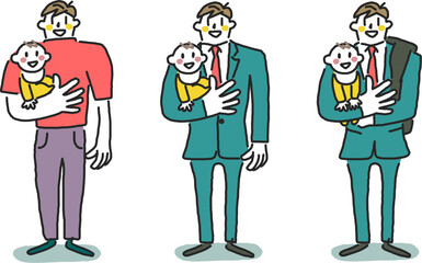 幼い赤ちゃんを抱っこした普段着姿とスーツ姿の若い父親　育メン　セット　イラスト素材	
