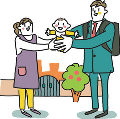 出勤前に保育園に赤ちゃんを預ける若い父親　または帰宅前に保育園にお迎えに育父親　イラスト素材
