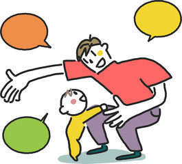 赤ちゃんを包み込むように手を広げる若い父親　育メン　イラスト素材
