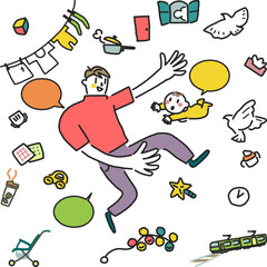 玩具や生活用品、育児用品とにぎやかに暮らす赤ちゃんと若い父親　セット　イラスト素材
