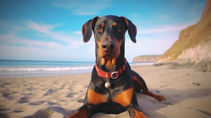Doberman dog on the beach, Hawaiian style, Summer beach and recreation, beach background, Relaxing on the beach, Dogs on vacation, AI generated