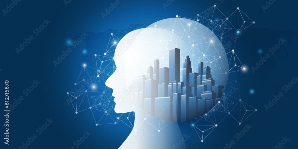 Aufkleber blue 3d smart city machine learning, artificial intelligence and neural networking design concept wi