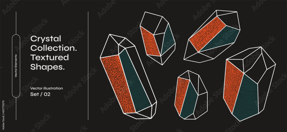 Leinwandbilder Set of crystals drawn with thin lines and covered with textures. Set of gems or minerals. Collec􀆟on of irregular geometric shapes on a dark isolated background. Graphic elements for your design.