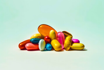 colorful pills and capsules are in an arrangement on light background, generative ai