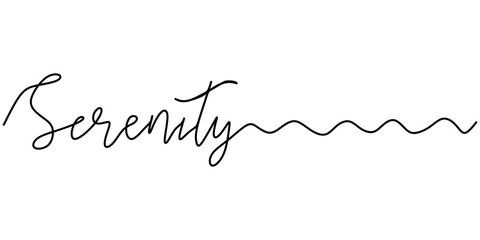 One continuous line drawing typography line art of serenity word writing isolated on white background.