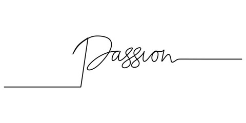 One continuous line drawing typography line art of passion word writing isolated on white background.