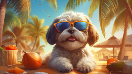 Shi Tzu dog on the beach, Hawaiian style, Summer beach and recreation, beach background, Relaxing on the beach, Dogs on vacation, AI generated