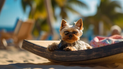 Yorkshire Terrier dog on the beach, Hawaiian style, Summer beach and recreation, beach background, Relaxing on the beach, Dogs on vacation, AI generated