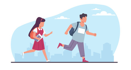 Boy and girl students are late to school for class. Children running with backpack, joyful hurrying pupils, hasten character active pose, cartoon flat style isolated illustration. png concept