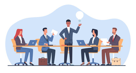 Business meeting at large table in office under direction of head of company. Mean and women in office workplace. Teamwork employee. Cartoon flat illustration. png brainstorming concept