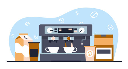 Coffee time, cups, coffee machine and coffee beans, creamer. Hot caffeine drink into ceramic mugs. Automatic espresso maker, cafe kitchenware cartoon flat style isolated png concept