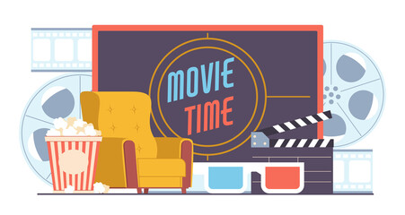 Fototapeta premium Online movie theater concept, tv screen and armchair, popcorn and 3D glasses. Video film watching, internet entertainment show, cartoon flat illustration. png cinematography concept