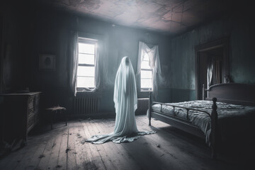 White ghost sitting in the middle of an abandoned creepy old room. Haunted horror scene. Generative AI illustration - 612717273