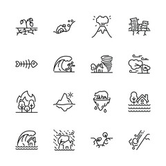 Set of greenhouse effect,  climate change icons, Global warming effect , earthquake, flooding, extreme temperature, ice melting. vector illustration