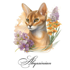 Watercolor illustration of a single cat breed Abyssinian with flowers. AI generated. Watercolor animal collection of cats. Cat portrait. Illustration of Pet.
