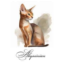 Watercolor illustration of a single cat breed Abyssinian. AI generated. Watercolor animal collection of cats. Cat portrait. Illustration of Pet.