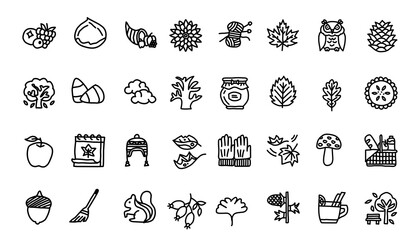 set of icons autumn and summer doodle style including fruit, warm hat, leaf, squirrel, jar, and more.
