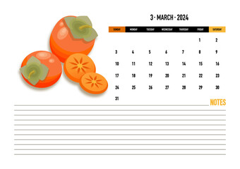 Persimmon fruit. March month 2024. Calendar template. Page. Planner diary in a minimalist style. 