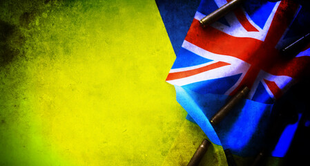 Help of Great Britain to Ukraine in the military conflict. British and Ukrainian flags. Western...