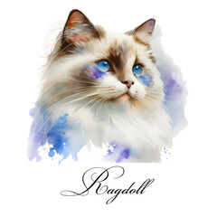 Watercolor illustration of a single cat breed ragdoll. AI generated. Watercolor animal collection of cats. Cat portrait. Illustration of Pet.