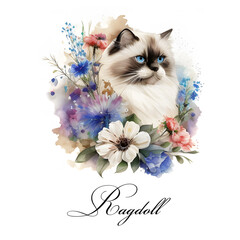 Watercolor illustration of a single cat breed ragdoll with flowers. AI generated. Watercolor animal collection of cats. Cat portrait. Illustration of Pet.