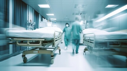 A motion blurred photograph of a hospital interior. Generative AI