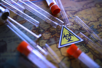 Ukrainian flag biohazard and test tubes. Assistance to Ukraine in biolaboratories. Western...