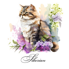 Watercolor illustration of a single siberian cat breed with flowers. AI generated. Watercolor animal collection of cats. Cat portrait. Illustration of Pet.