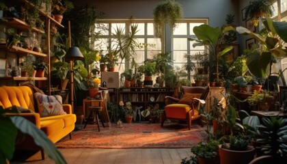 Fototapeta na wymiar Eclectic interior with midcentury furniture and botanical houseplants. Ai.