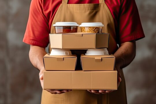 Food delivery man in uniform holding box with food in his han