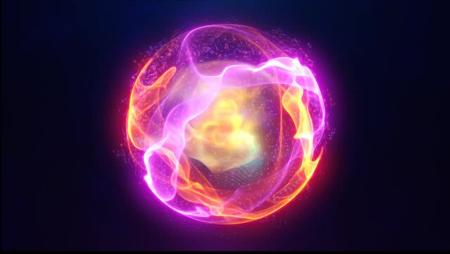 Energy sphere with glowing bright particles, atom with electrons and elektric magic field scientific futuristic hi-tech abstract background
