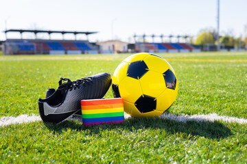 Rainbow colors of gay pride for fight for rights of LGBTQ people collective in soccer....
