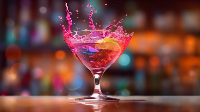 AI generative image of a splash image of a colorful and exotic alcoholic coctail in a party atmosphere 