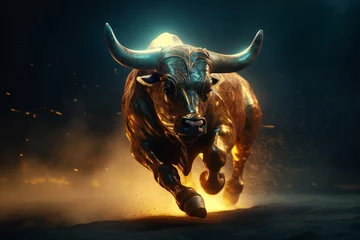 Zelfklevend Fotobehang Strong gold bull with big horns running. 3D illustration digital art design, generative AI © Grafvision