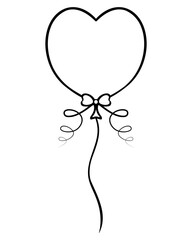 Foil heart. Balloon. Sketch. The ball is tied with a bow with curls of thread. Doodle style. Vector illustration. Coloring book. Nice decoration for the holiday. Outline on isolated background. 