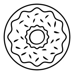 Donut. View from above. Sketch. The fried delicacy is poured with icing and sprinkled with sprinkles. Vector illustration. Coloring book. Lush dessert. Doodle style. Outline on isolated background. 
