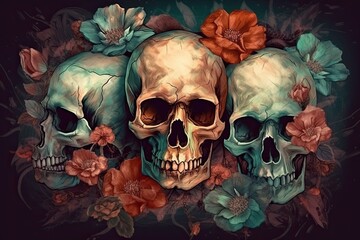 Three colored skulls decorated with flowers on a dark background. Generative AI