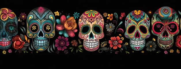 Muurstickers Schedel Many colored skulls with flowers on a dark background. Generative AI