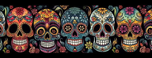 Vitrage gordijnen Schedel Many colored skulls with flowers on a dark background. Generative AI