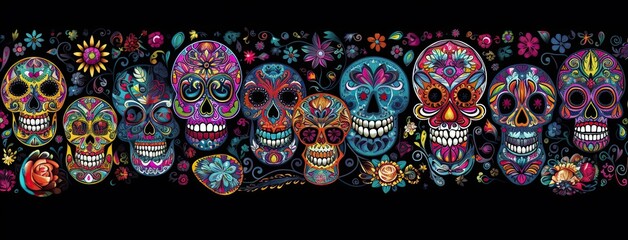Many colored skulls with flowers on a dark background. Generative AI